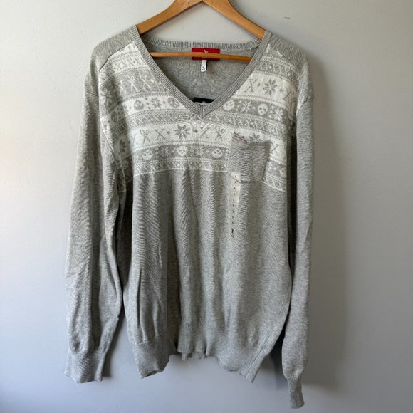 Marc Ecko Cut & Sew Vintage Gray Skull Scissor V-Neck Winter Christmas Sweater - Picture 1 of 8